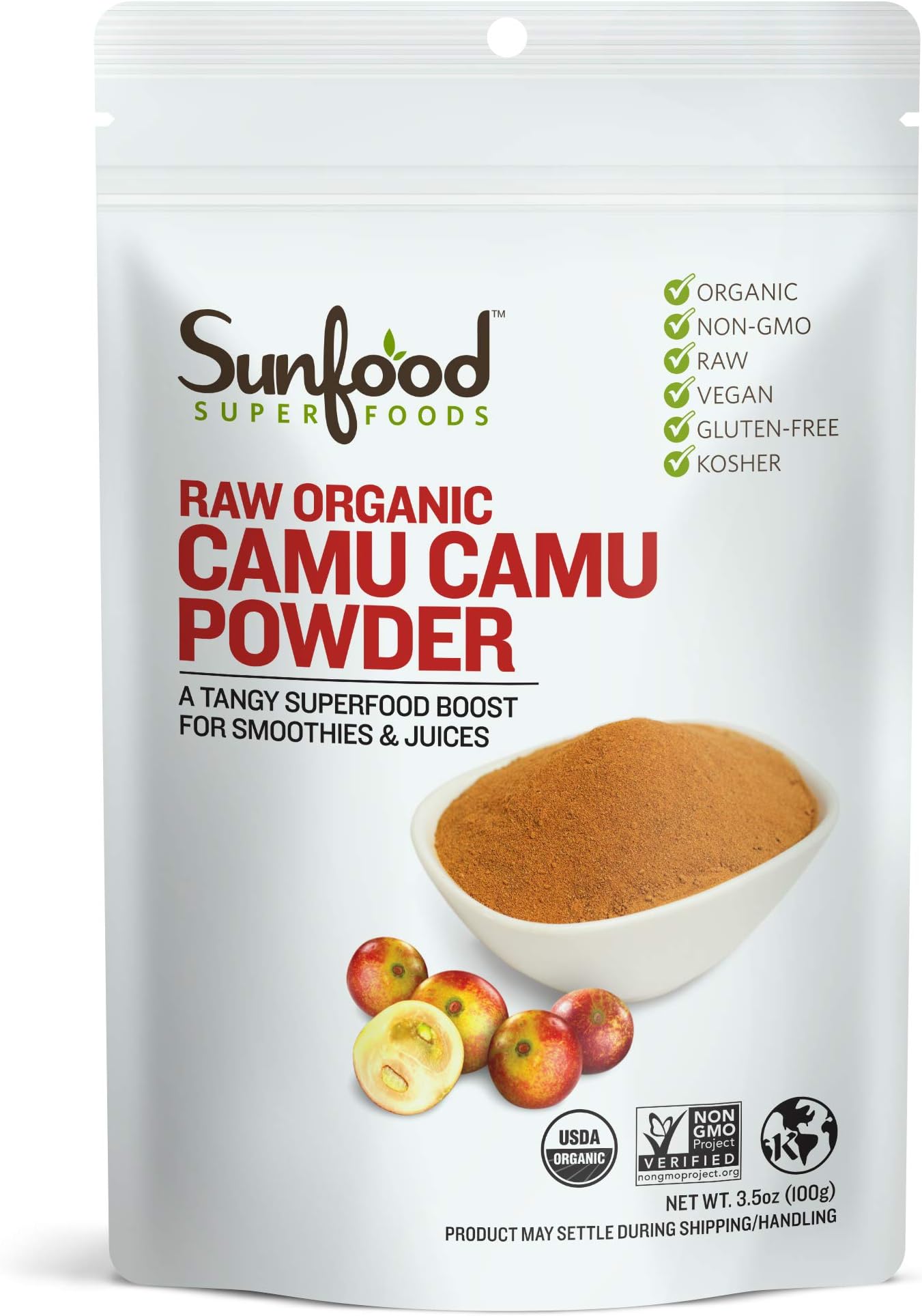 Sunfood Superfoods Raw Organic Camu Camu Powder - Camu Camu Powder Organic, Camu Camu Berry Vitamin C Powder for Juice and Smoothies, USDA Organic, Non GMO - 3.5 oz Bag