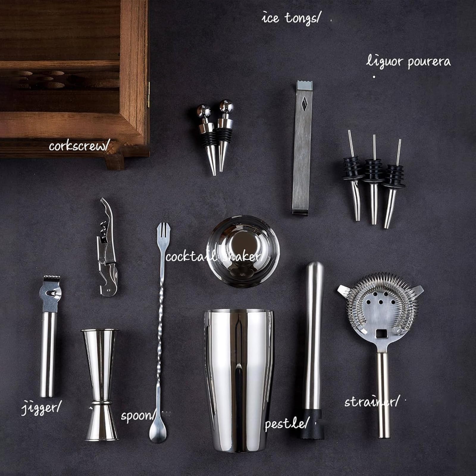 Juego de cocteleras, Kit de fabricación de Acero Inoxidable con coctelera, colador, Aparejo, Cuchara mezcladora, Pinzas, abridor for Mezclar Bebidas, hogar