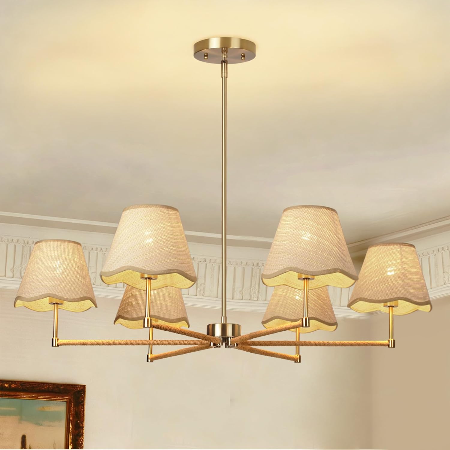 35” Boho Rattan Chandelier, 6-Light Large Gold Pendant Ceiling Light Fixture with Woven Wicker & Fabric Shades, Farmhouse Hanging Lighting for Dining Room, Kitchen Island, Living Room, Bedroom