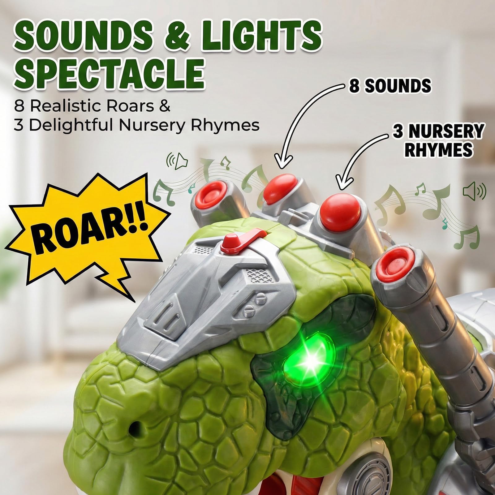 lerrbo Kinder Fahrzeuge in Dinosaurier-Design, elektrische Fahrzeuge für Kleinkinder mit Musik, Licht und RauchEffekt, Tretroller für Vorschulkinder