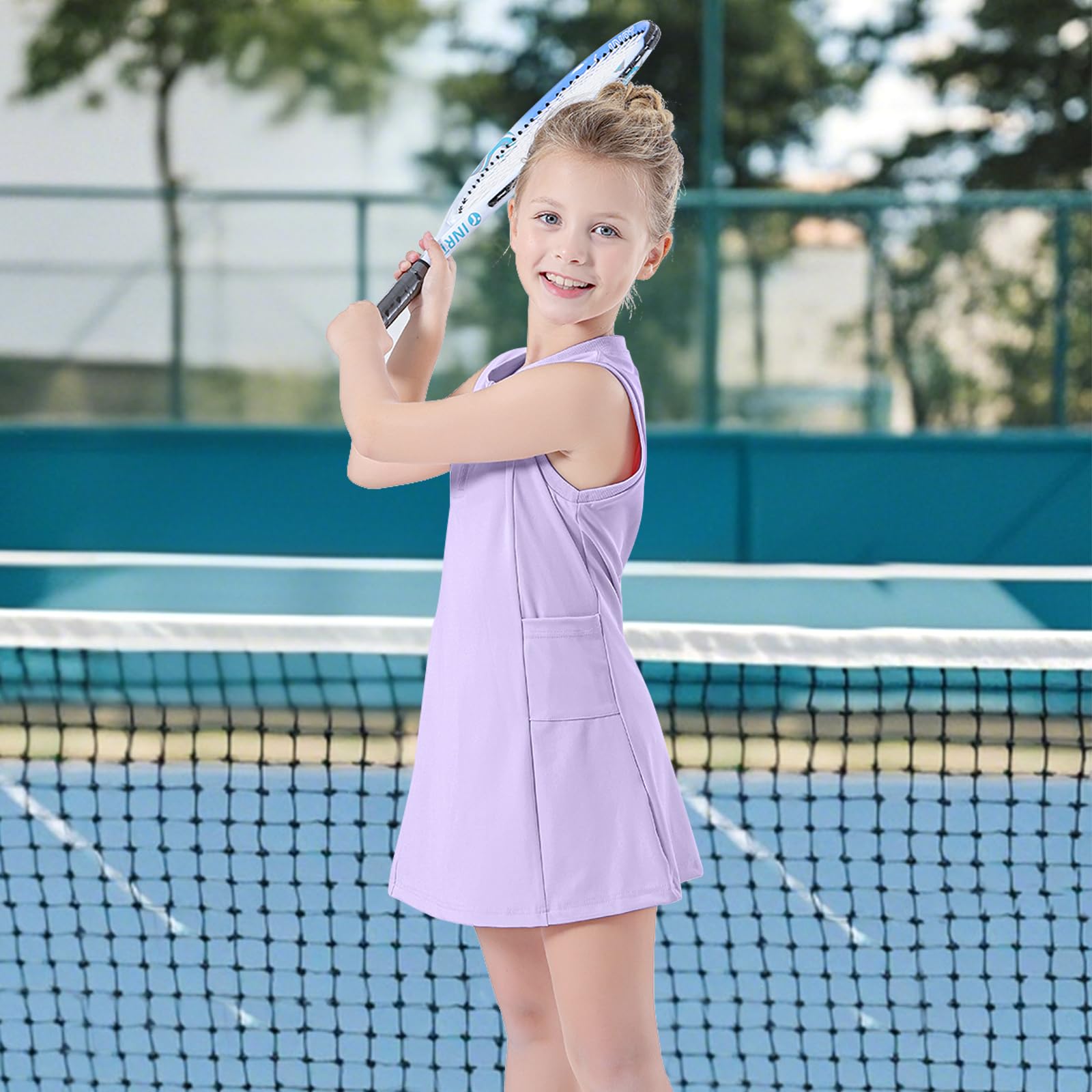 Bezioner Dziewczęca sukienka tenisowa z szortami, kieszeniami, linia A, stroje golfowe, zamek błyskawiczny, trening, sukienki sportowe, bez rękawów, aktywna sukienka