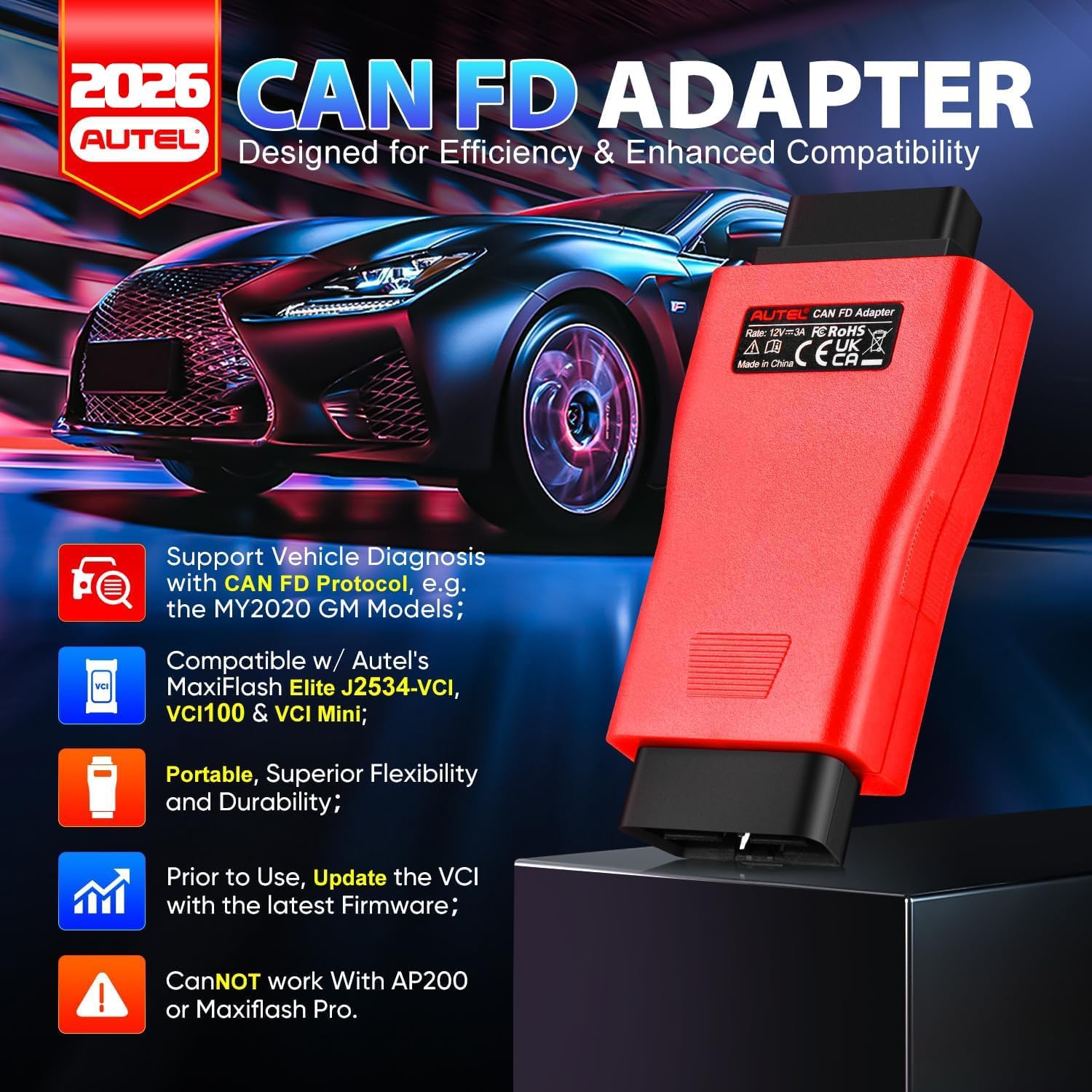 2026 Autel CAN FD Adapter, Support CANFD Protocol for GM 2020+, for Ford 2021+, for FCA Cars 2020+, for Toyota 2020+, etc., Work with Autel OBD2 Scanner MK808S MX808S MaxiSys Elite MK908 MS908 MS906BT