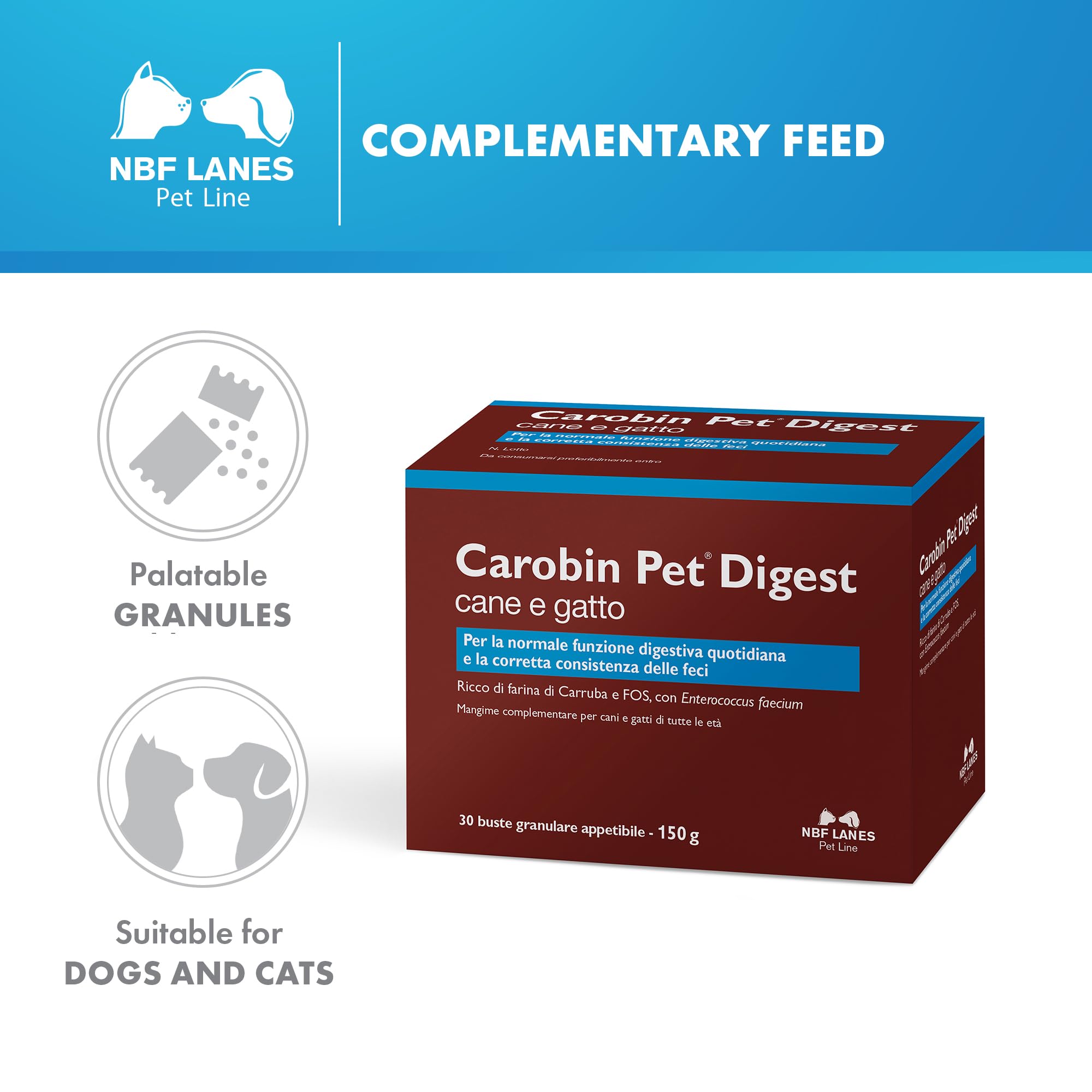 NBF Lanes Carobin Pet Digest dla psów i kotów, 30 torebek po 5 g, drobny granulat, do normalnej codziennej funkcji trawienia i prawidłowej konsystencji stolca