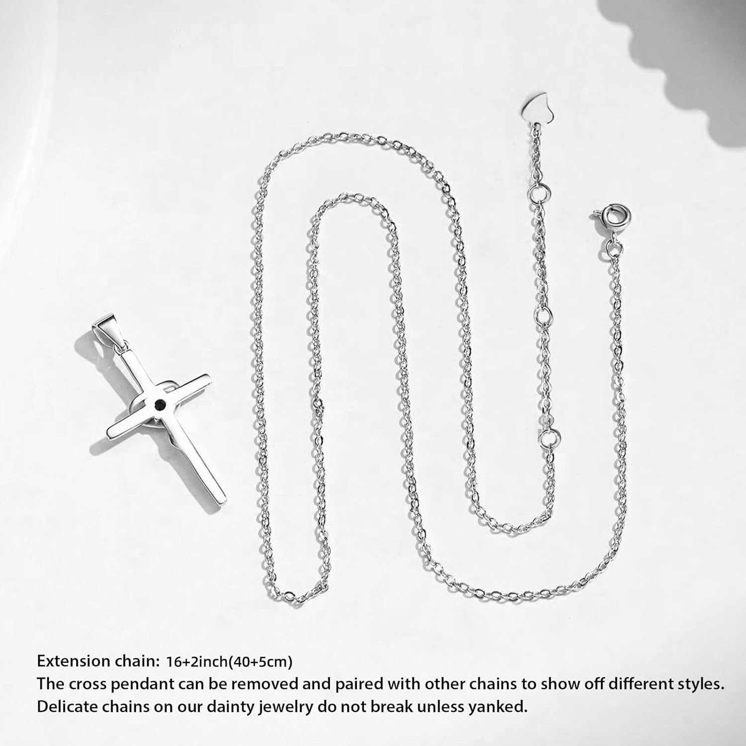 Cross Necklace for Women, 925 Sterling Silver Birthstone Necklace, 5A CZ Cross Heart Pendant with Adjustable Chain, 16+2 Inches - Image 6