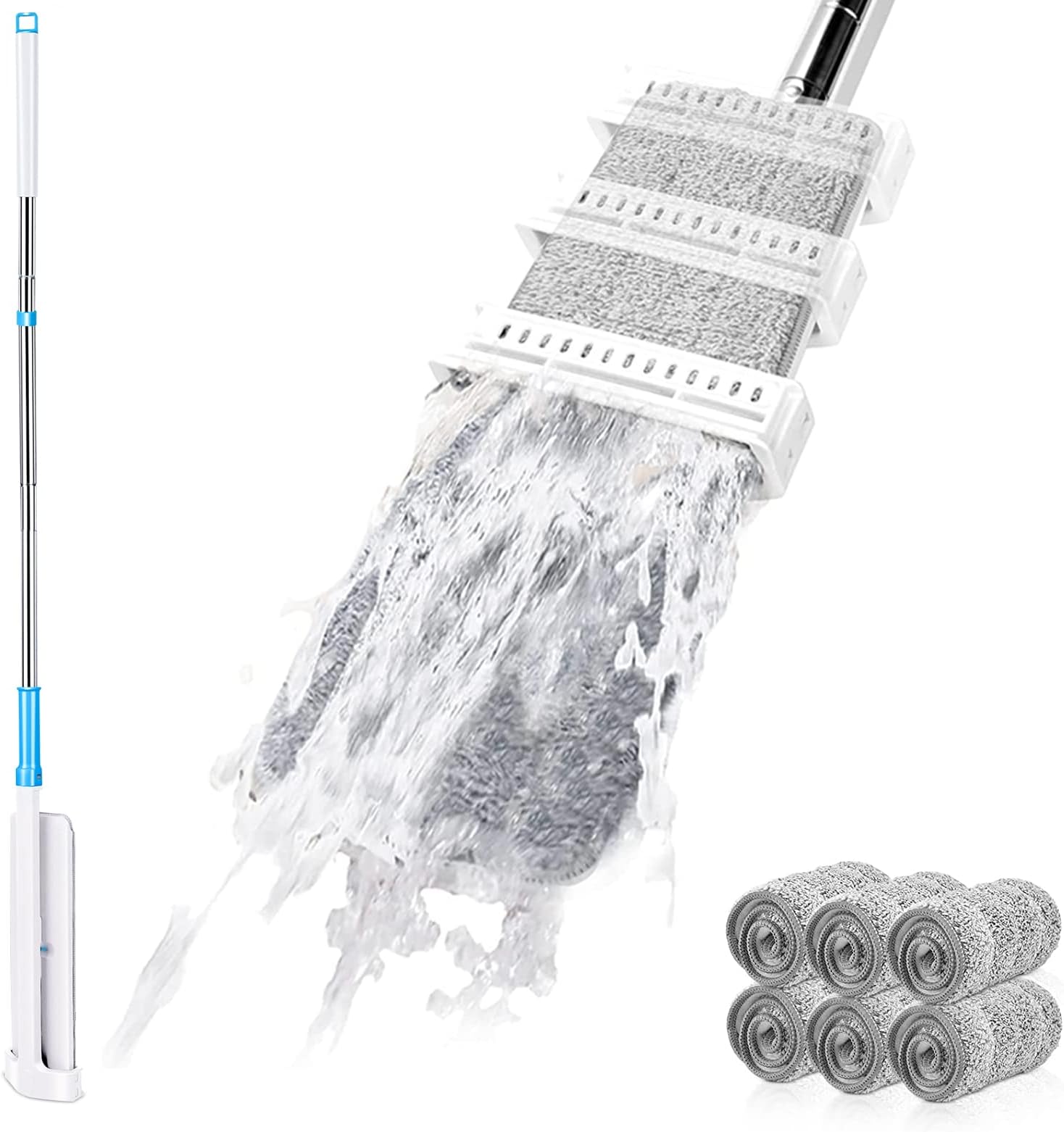 Masthome Self Wringing Microfiber Mop,Hands-Free Flat Floor Mops with 6 Reusable Mop Pads,Easy Squeeze Mops for Floor Cleaning,Wet and Dry Dust Mop for Hardwood, Laminate, Tile