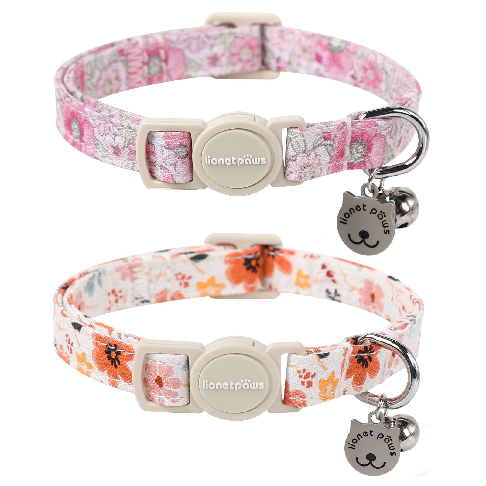 Lionet Paws 2pcs Pack Cotton Cat Collar,Breakaway Buckle with Floral Pattern and Brand Pendant Cute Adjustable Cat Kitten Collar,Ideal for Girl Cats