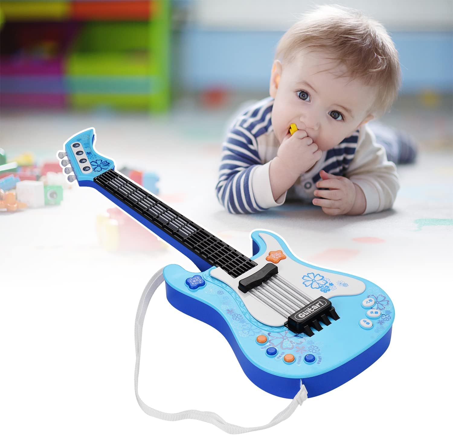 Little Guitar With Rhythm Lights and Sounds - Fun Educational Musical Instrument for Toddlers Boys and Girls - Blue Electric Guitar for Ages 3-5