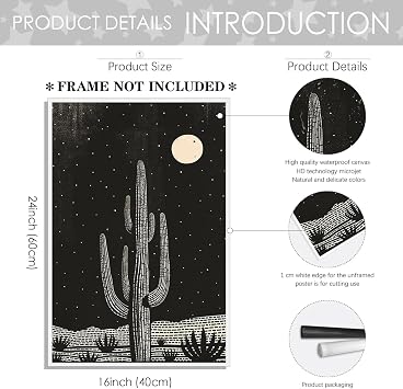 Yostyle Boho Canvas Black and White Wall Art Prints Mid-Century Modern Moon Plant Cactus Botanical Prints Minimalist Western Wall Decor for Bedroom Living Room 16X24in unframed