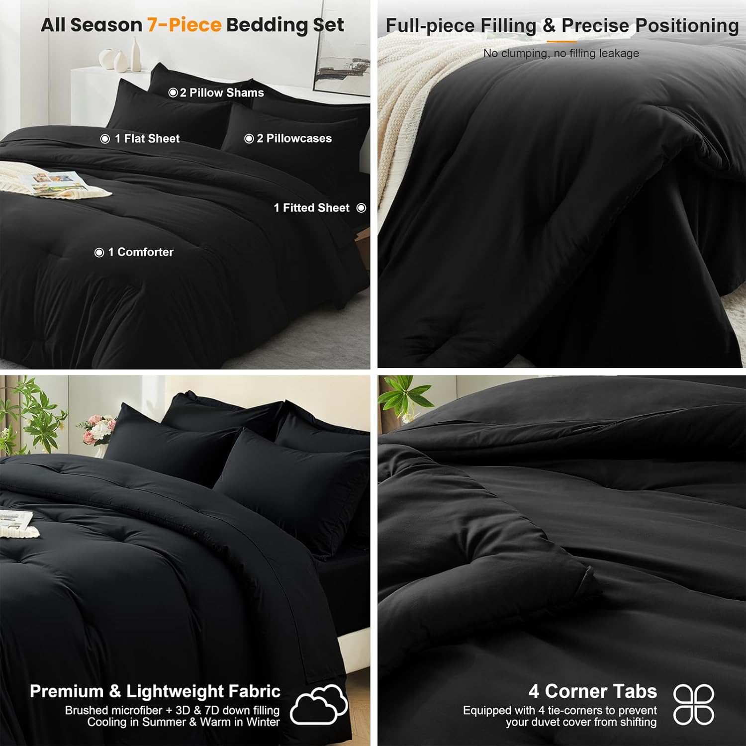 Queen Comforter Set 7 Piece - Black Soft Bed in a Bag Queen Size Comforter Sets, Cozy Luxury Bedding Sets with Down Alternative Comforter, Flat Sheet, Fitted Sheet, 2 Pillowcases & 2 Shams - Image 6
