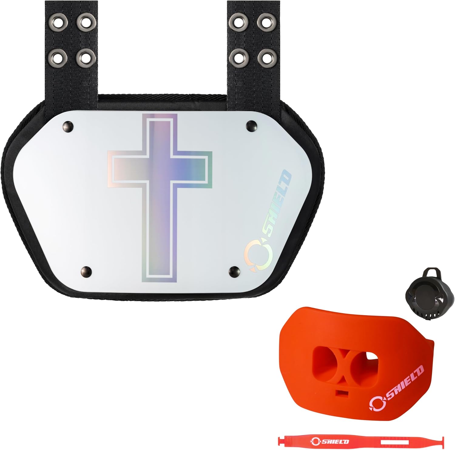O Shield Holy Cross White Football Backplate with Orange Mouthguard, Backplate Football with Mouthguard, Sold by Package, Youth Fit
