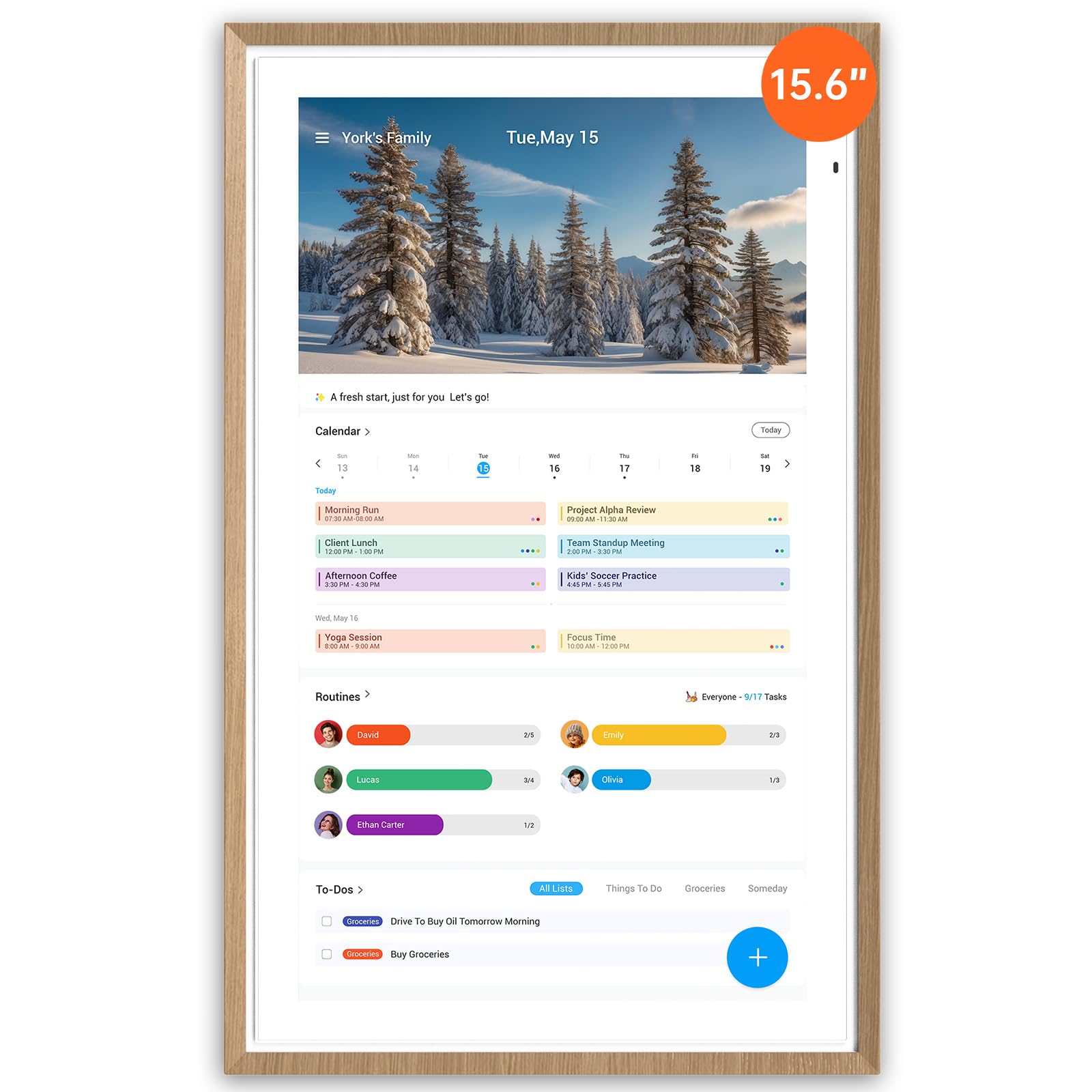 ApoloSign 15.6-inch Digital Calendar: Dual Mode Calendars with Google Play & Multi-calendar Sync, Electronic Planner & Chore Chart, Smart Touchscreen, Interactive Display for Family Schedules (Teak, 15.6")