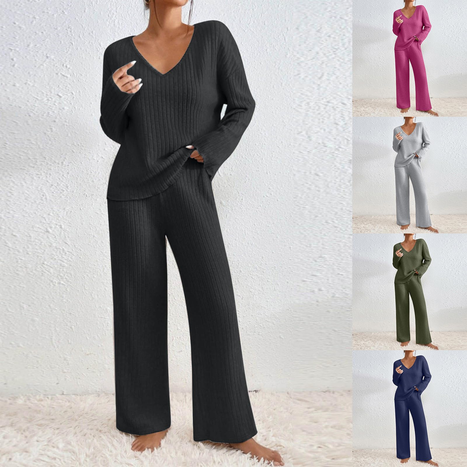 Zweiteiler Damen Srick Elegant – Gestrickte Langarm Pullover und Hose Freizeitanzug – Winter Einfarbig Loungewear