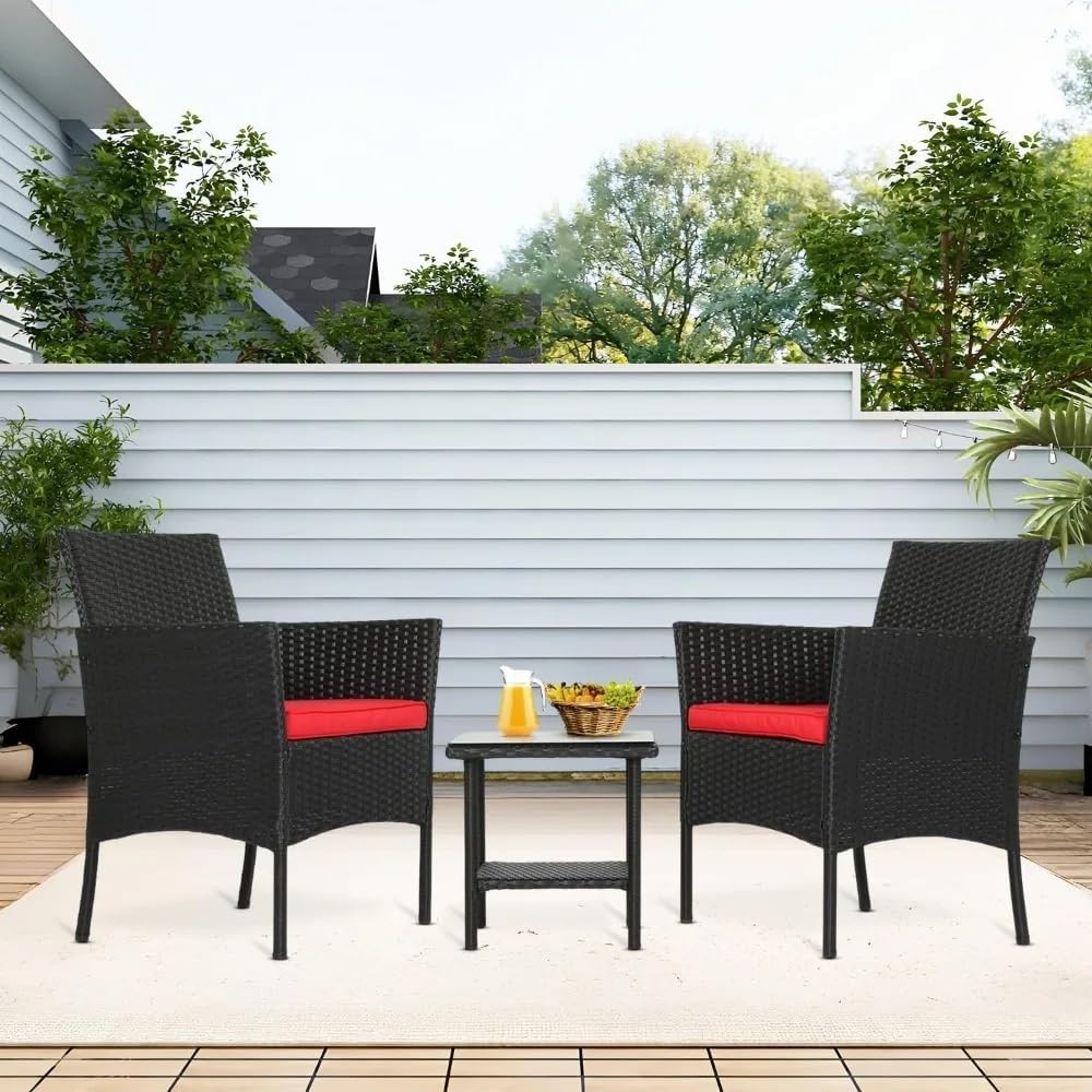 3-Piece Outdoor Patio Furniture Set Black Red Wicker Chairs with Coffee Table Modern Rattan Conversation Deep Seat High Back Couch Set for Garden Lawn