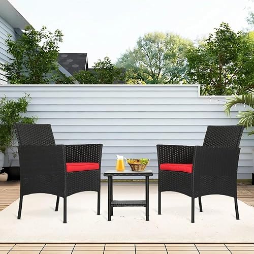 3-Piece Outdoor Patio Furniture Set Black Red Wicker Chairs with
