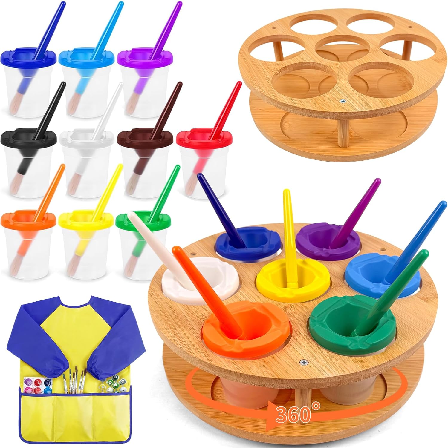 10 Pcs No Spill Painting Cups with Rotating Holder, Paint Cups with Lids for Kids, Paint Brush Cleaner Cup with Kids Art Smock, Paint Containers Arts and Crafts Supplies for Acrylic Paint, Watercolor