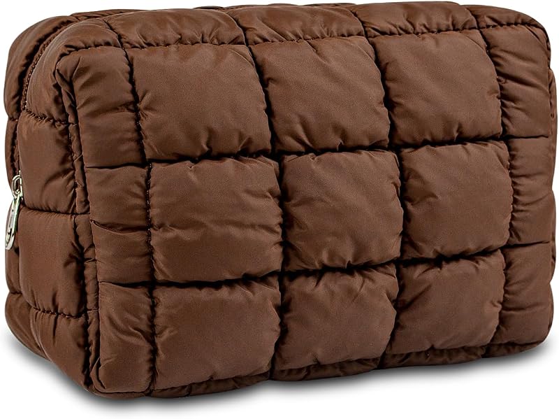 Necessaire de maquiagem AMZMA em nylon acolchoado, cor Coffee, com zíper, Pacote com 1