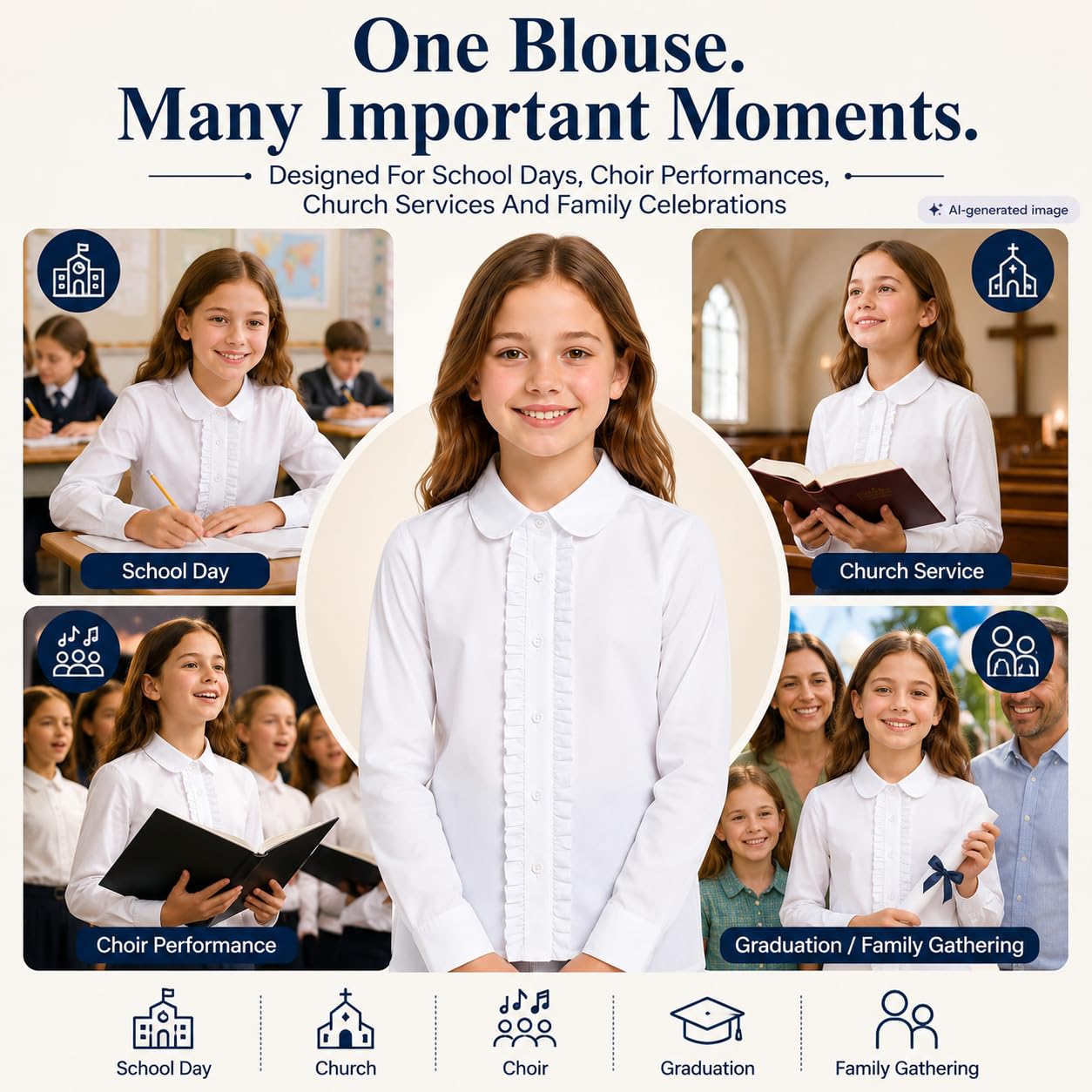 Bienzoe Filles École Manche Longue Blanc Chemisier