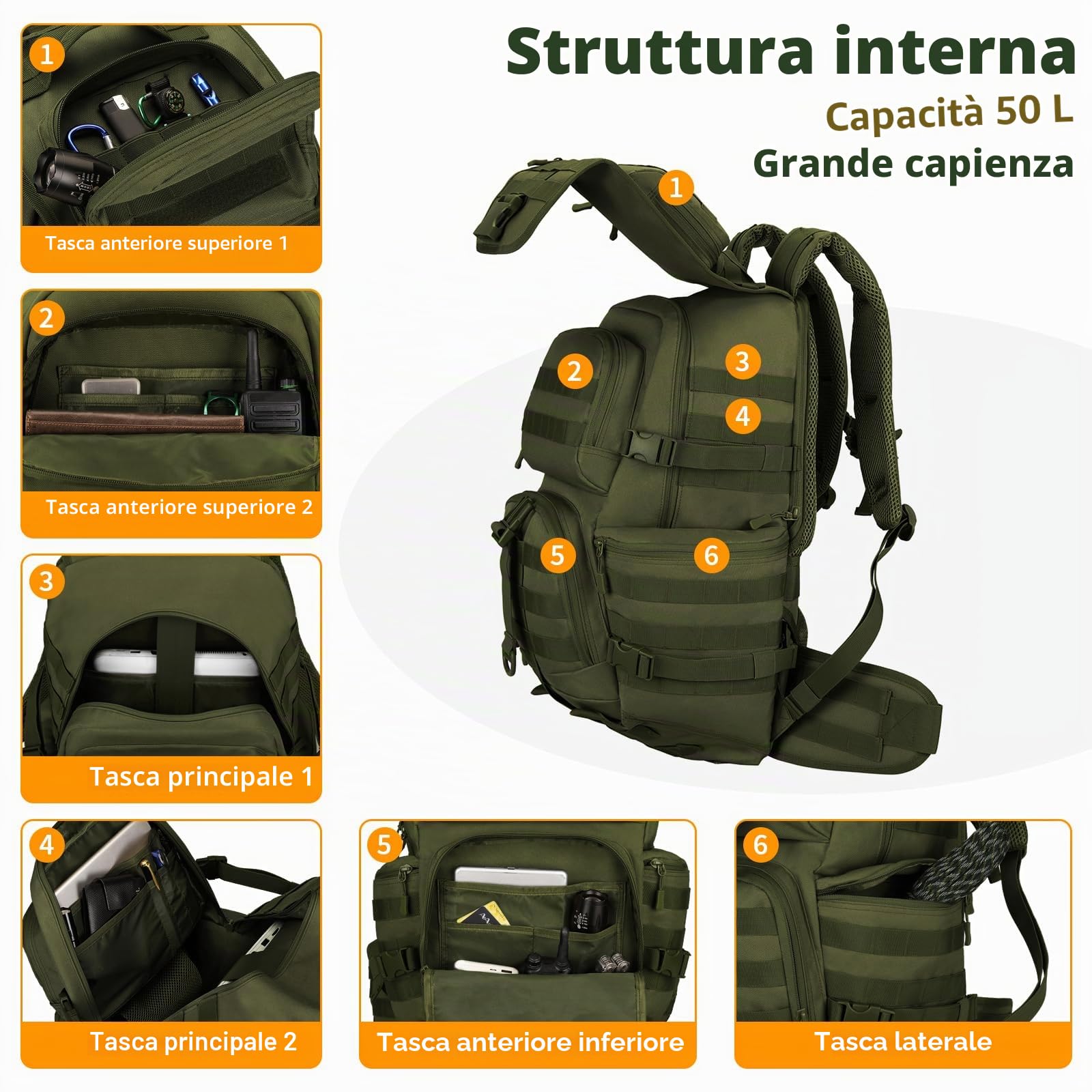 HUNTVP Zaino Militare 50L Zaino Tattico 50L MOLLE Viaggio Impermeabile per Uomo Donna Campeggio Escursionismo