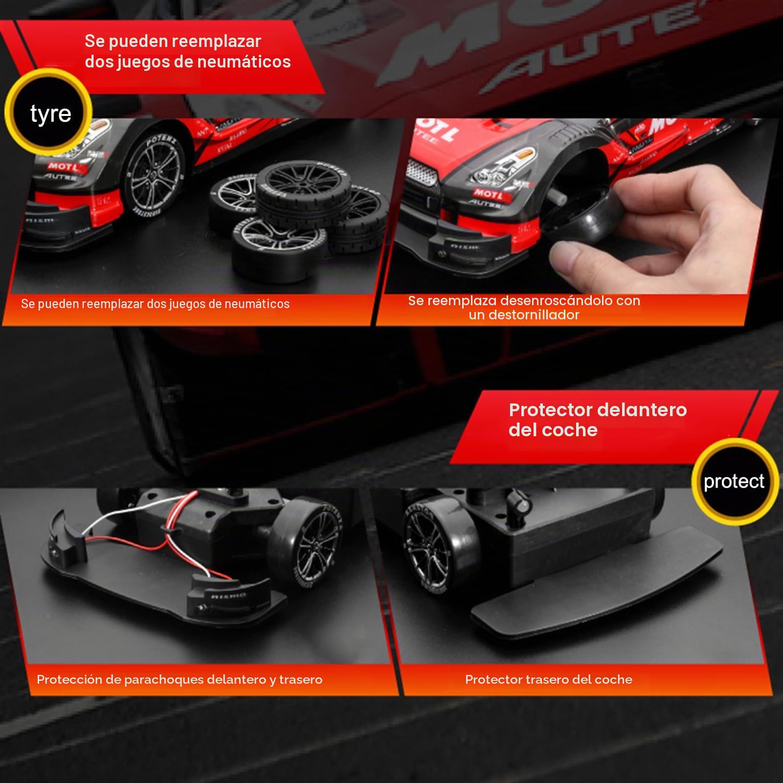 Goolsky - Coche teledirigido Drift, 40 KM/H para Coche de Deriva 1/16 2,4 GHz, 4 WD, neumáticos reemplazables, 4 Ruedas motrices, Coche de Carreras, 7,4 V, 600 mAh, batería Regalo para, Adulto,