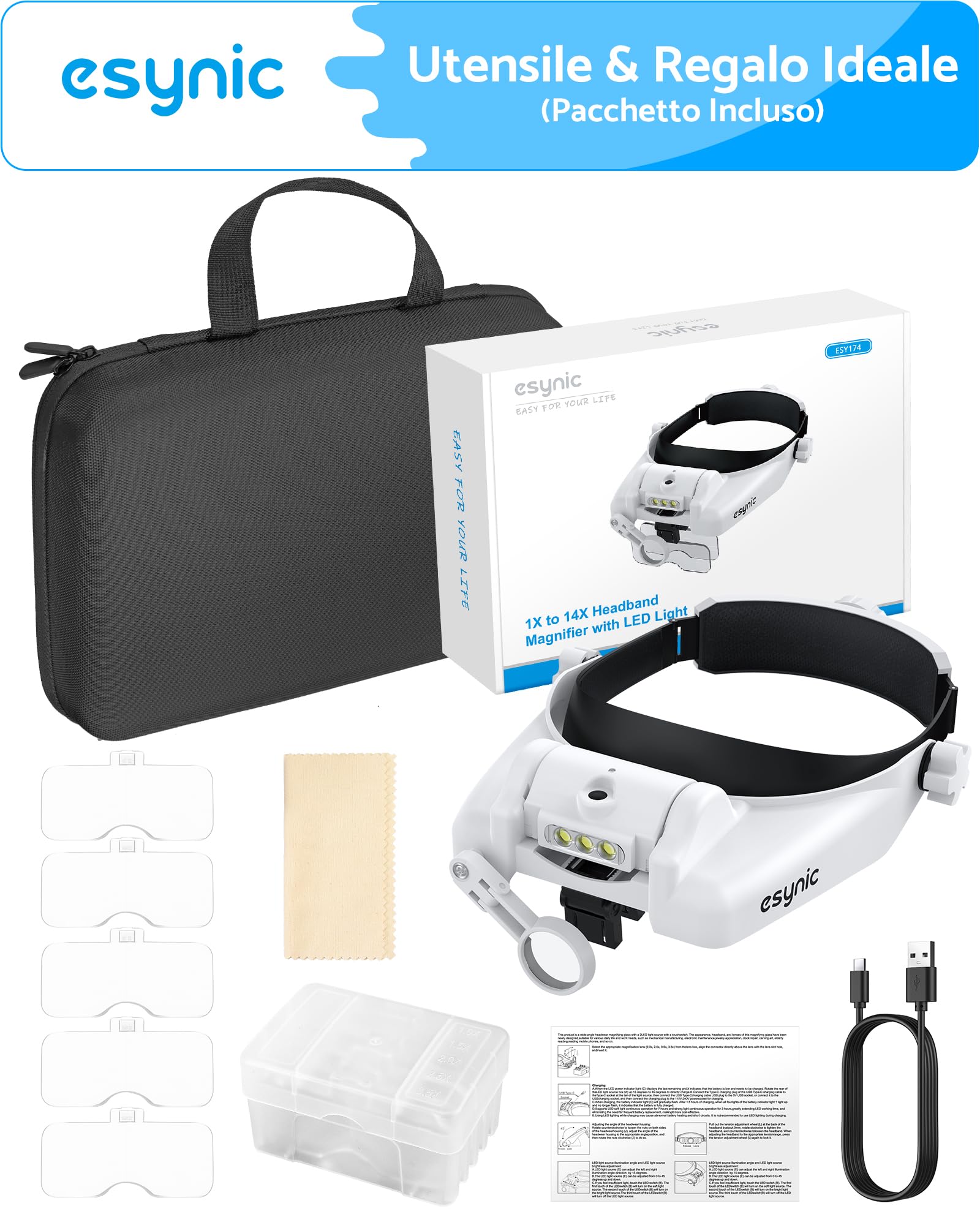 eSynic 1-14X Lente di Ingrandimento Frontale a LED Luce Regolabile, con 5 Lenti 1.0x 1.5x 2.0x 2.5x 3.5x e Custodia Zip, Lente d'Ingrandimento ad Archetto Ricaricabile per Orologiaio Riparazione DIY