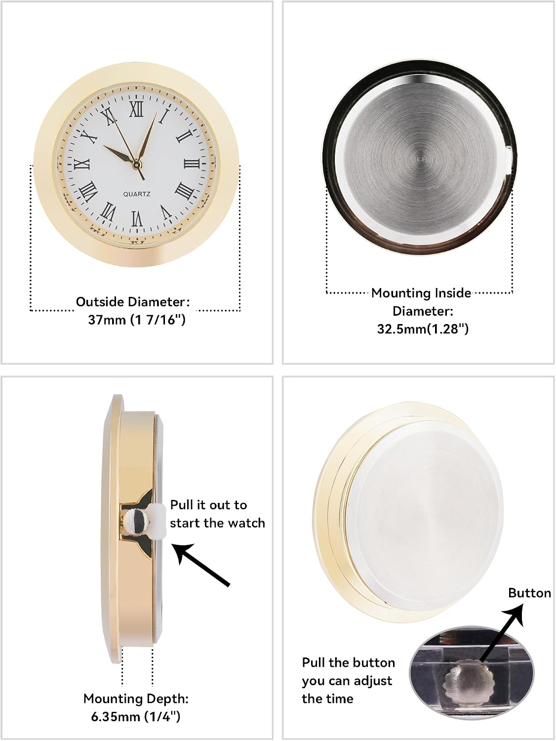 37 mm Mini Clock Insert – Roman Dial Quartz Movement, Fits 1 ⅜" (35 mm) Hole, Button-Battery, Replacement for Wood/Crystal Crafts