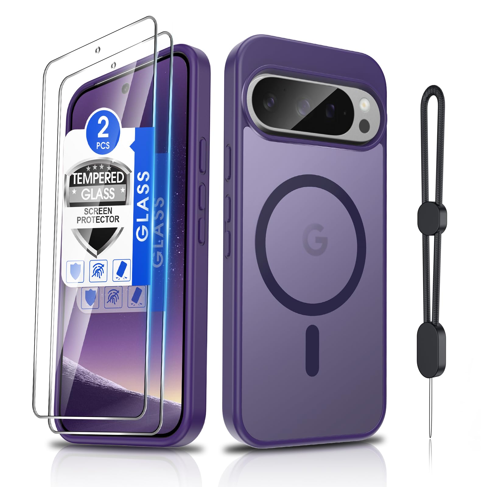 Dizn for Google Pixel 9 Pro XL Case,[Not Fit Pixel 9/9 Pro],with Tempered Glass Screen Protector,Strap,Compatible with MagSafe,Military-Grade Matte Cover Protective for 9Pro XL,Dark Purple