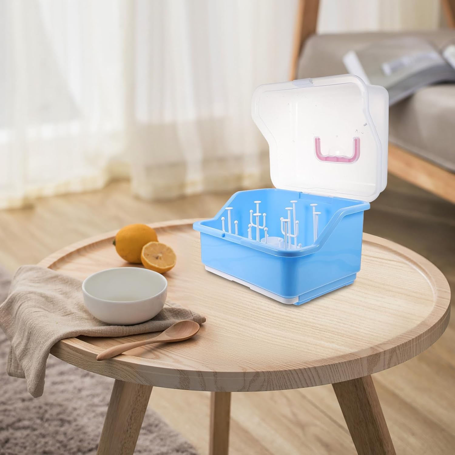 Portable Bottle Drying Rack and Plastic Storage Container with Dust Cover, Nordic Blue Milk Bottle Organizer for Newborn Feeding and Kitchen Use Random Color