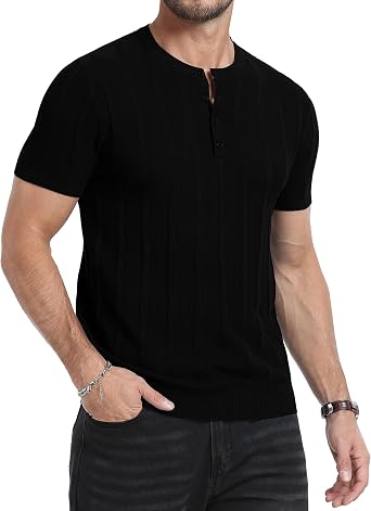 YTD Mens Tees Short Sleeve Crewneck Henley Shirts Knitted Textured Shirt Solid T-Shirts Summer Top