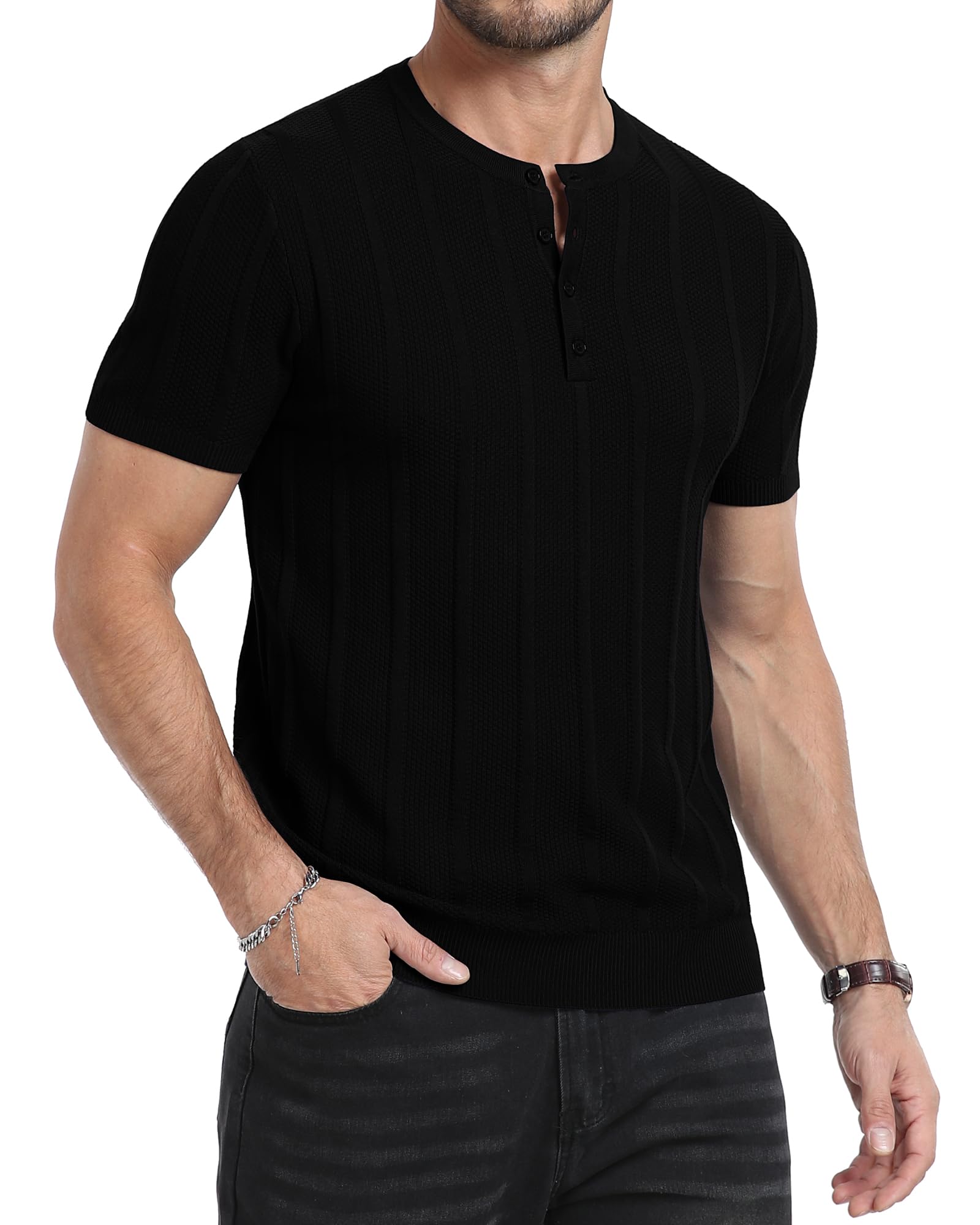 YTD Mens Tees Short Sleeve Crewneck Henley Shirts Knitted Textured Shirt Solid T-Shirts Summer Top