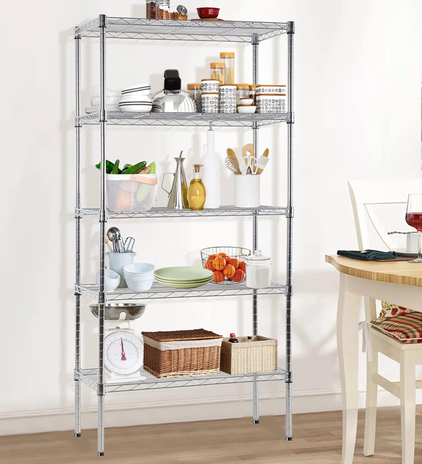 5-Tier Storage Shelves Adjustable Metal Shelf 1200Lbs Capacity NSF Wire Rack Shelving with Adjustable Feet Shelf Unit for Kitchen Garage Basement, 72" H x 36" W x 14" D, Chrome