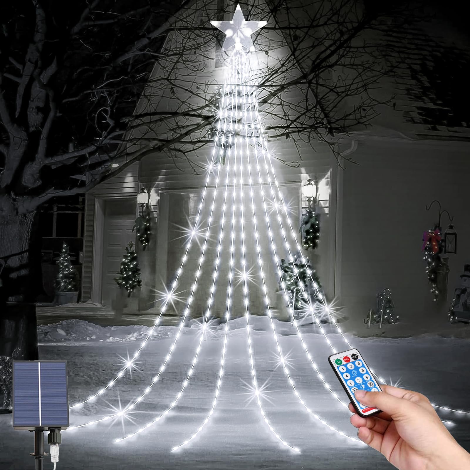 Guirnalda Luces Arbol de Navidad, Solares Luces Árbol Navidad con Estrella, 9*2M 8 Modos 198 LEDs Impermeable Cascada Luces de la Cadena con Estrella para Arbol De Navidad, Bodas, Jardín Decoración