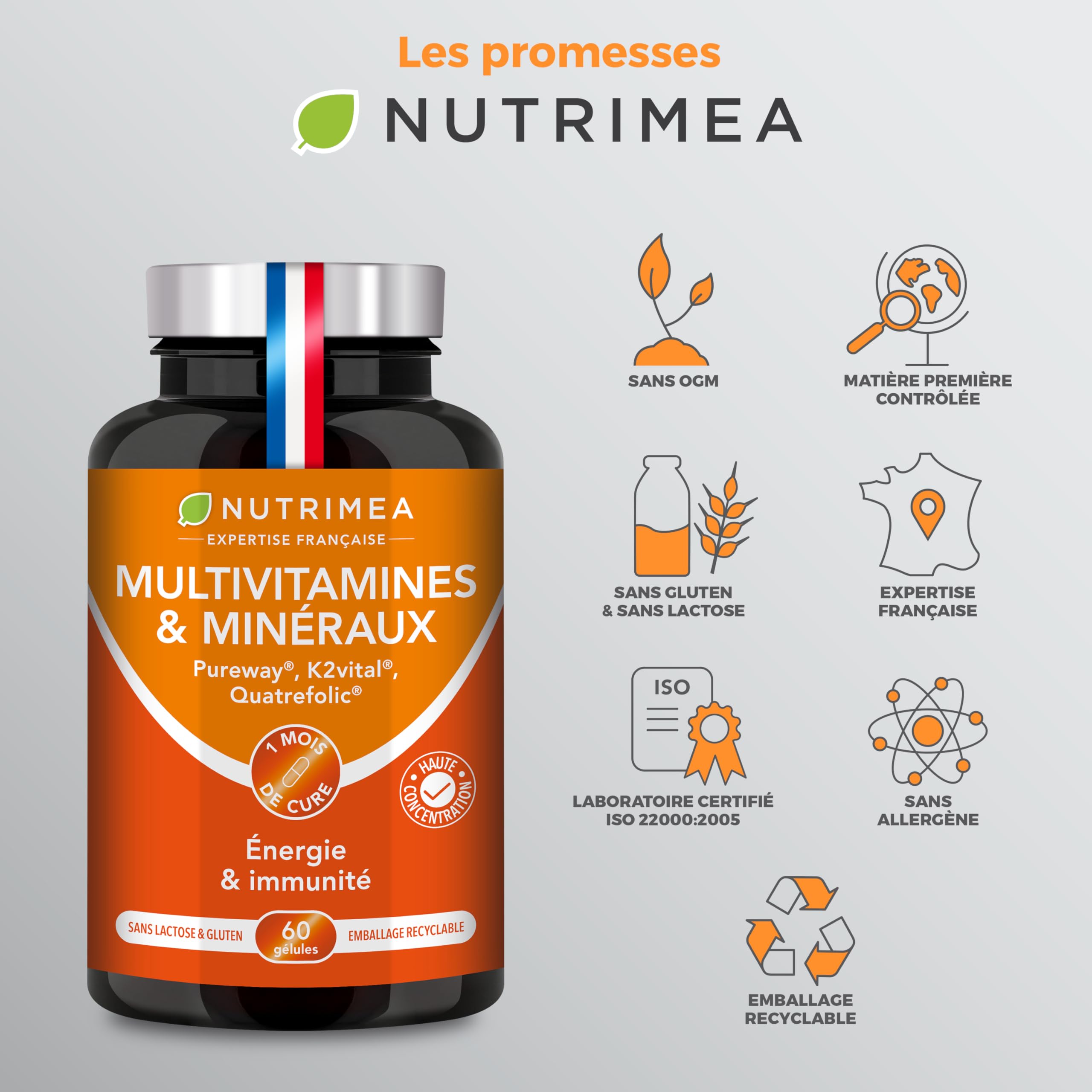 Multivitamines et Minéraux – 26 Nutriments - Vitamines A, B, C, D, E, K + Fer, Chrome, Magnésium & Zinc + Choline, Lutéine & Ginseng - Energie, Vitalité, Puissance - Fabrication Française - Nutrimea