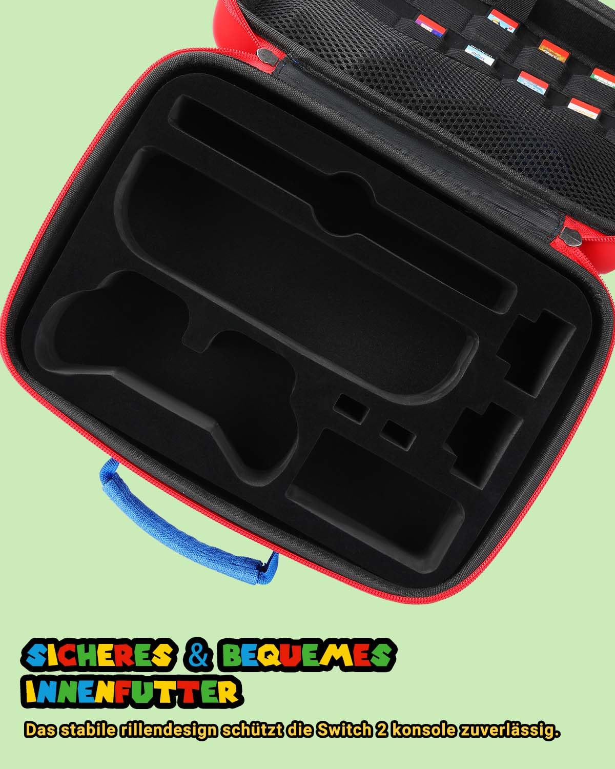 All in One Switch 2 Tasche Niedlich Kompatibel mit Nintendo Switch 2, Tragbare Hartschalen Tragetasche für Zubehör und Spielkarten, Schutzhülle Hülle Case für Konsole Pro Controller Dock,Rot Blau Groß