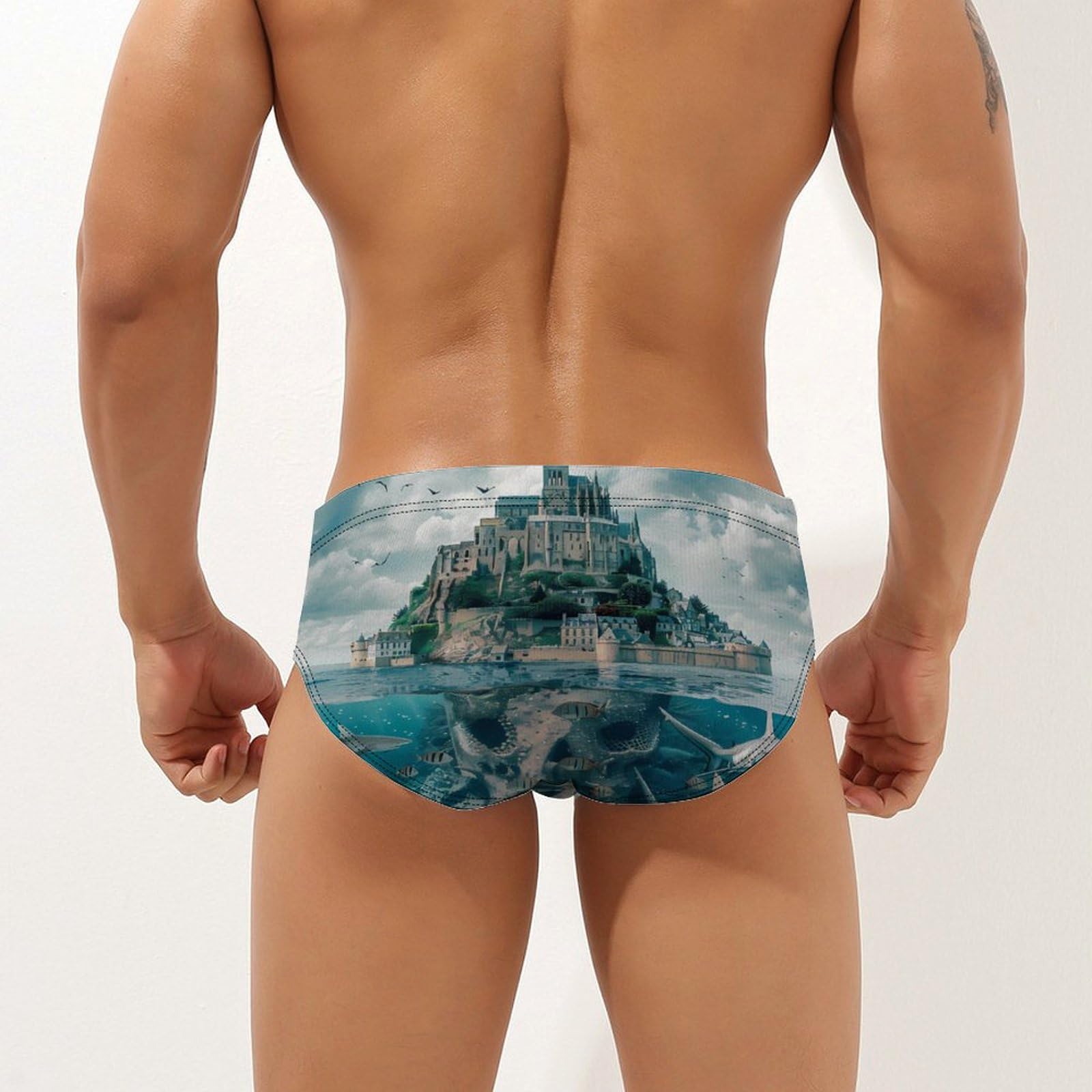 Fantasy Skull Island Sharks Mens Swim Briefs Quick Dry Swim Trunk Bikini Underwear Swimsuit 3XL