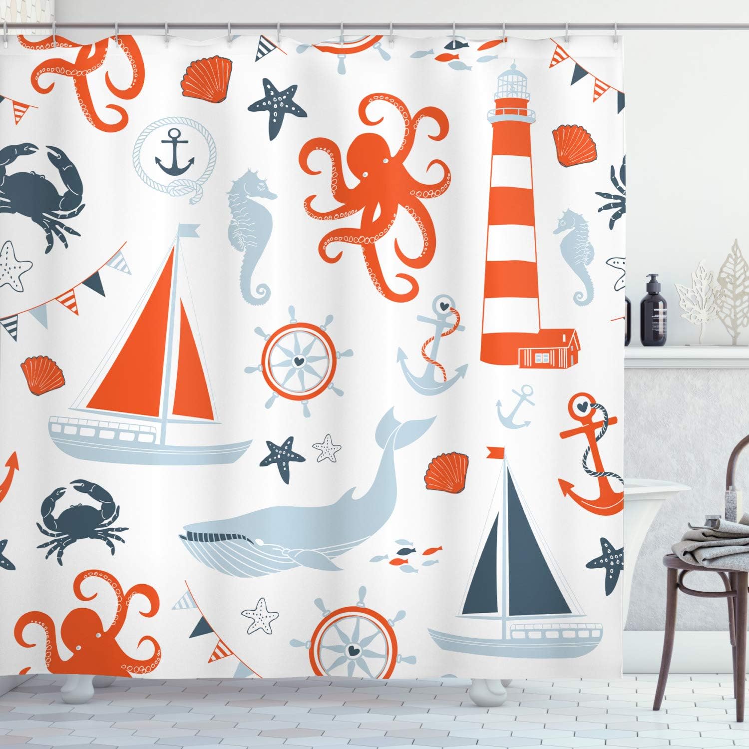 Ambesonne Nautical Shower Curtain, Pastel Colored Composition of Lighthouse Sailboat Fish Shells Octopus, Cloth Fabric Bathroom Decor Set with Hooks, 69" W x 70" L, Orange Blue