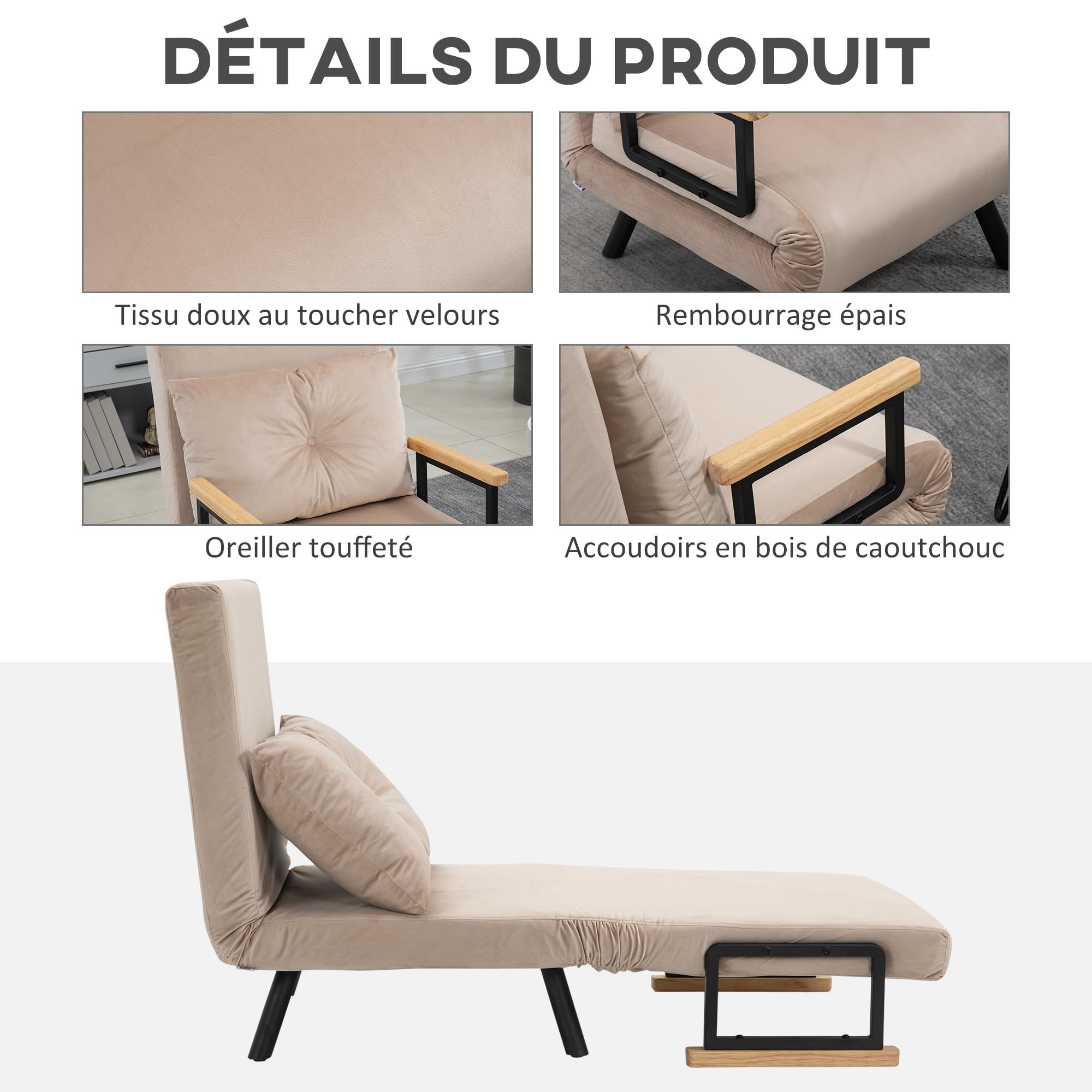 HOMCOM Fauteuil Convertible 1 Place, Fauteuil-lit chauffeuse 3 en 1 avec Dossier réglable 5 Positions, Oreiller, siège rembourré, Tissu Aspect Velours, canapé-lit pour invités, Salon, Bureau, Beige