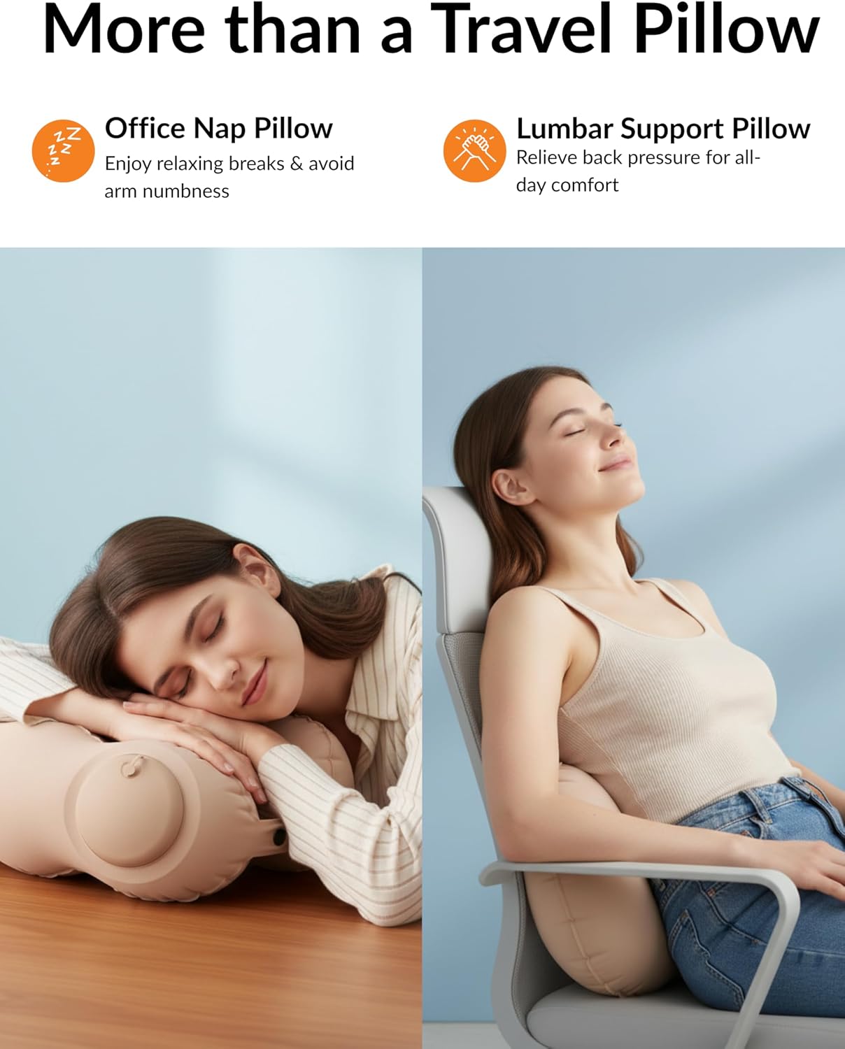 Inflatable Travel Neck Pillow with Built-in Hand Pump, Ergonomic 360-Degree Side and Back Support, Adjustable 3-Gear Snap Strap, Lightweight Compact Air Cushion for Airplane Car Train Office