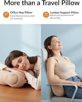 Inflatable Travel Neck Pillow with Built-in Hand Pump, Ergonomic 360-Degree Side and Back Support, Adjustable 3-Gear Snap Strap, Lightweight Compact Air Cushion for Airplane Car Train Office