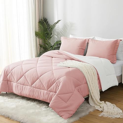 Miniatura 3 de JOLLYVOGUE Juego de edredón tamaño matrimonial rosamarfil, juego de cama reversible en una bolsa para todas las estaciones, juego de cama de 3