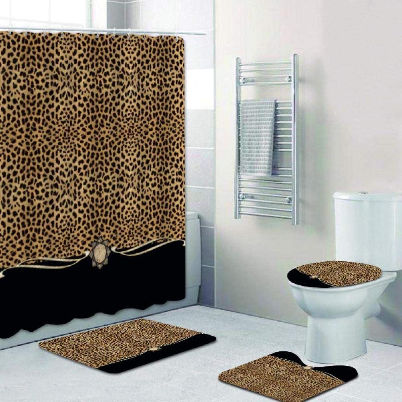 ZGDPBYF 4-Piece Shower Curtain Set Stripe Ribbon Leopard Black Print Shower Curtain and Bath Rugs Set Cheetah Leopard Bath Curtains Bathroom Home