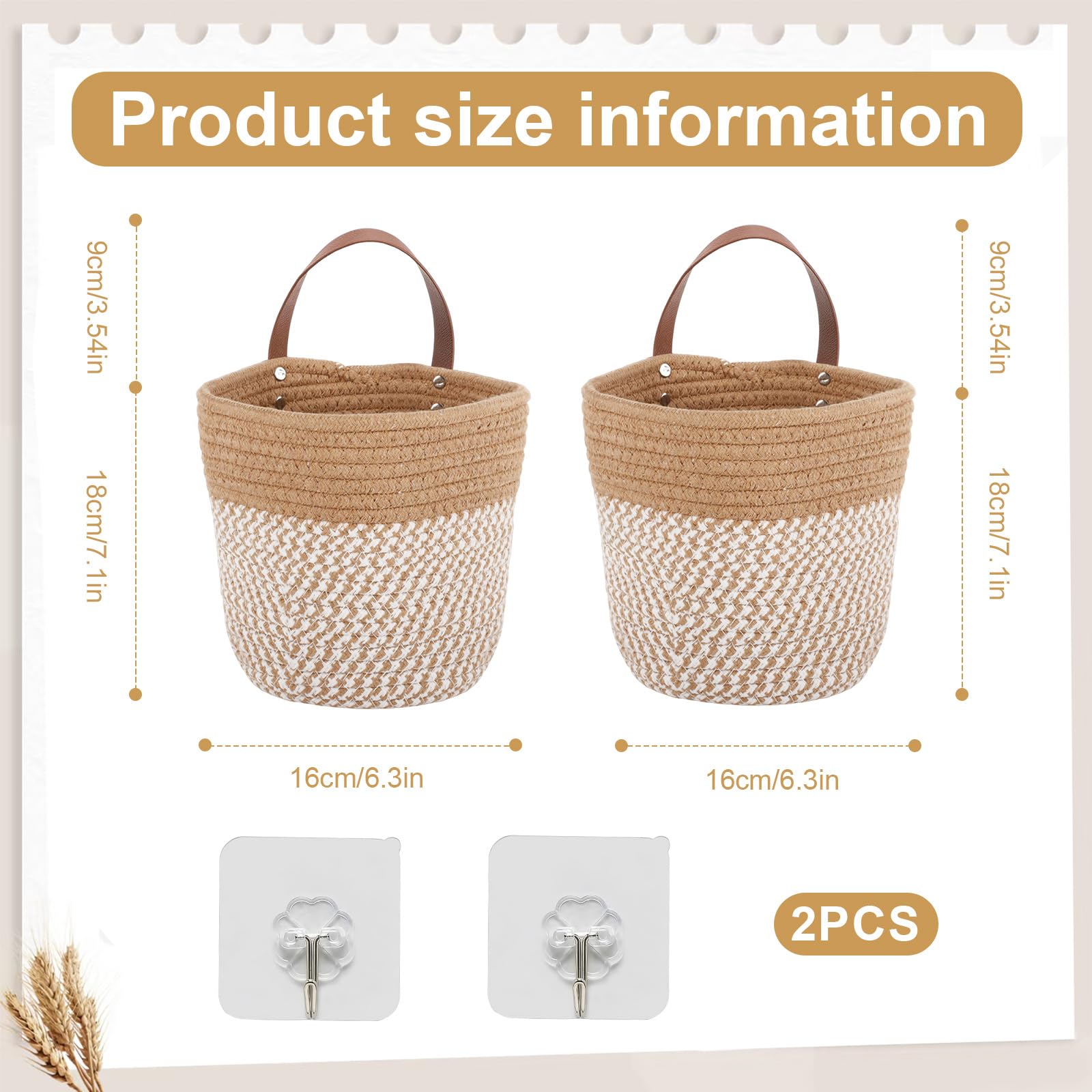 2 Piezas Cesta Colgante, Cestas Colgantes de Cuerda de Algodón 16 x 18 cm, Cestas de Pared con Asa para Baño, Almacenamiento Colgante, Organizador del Hogar, Organizador de Ahorro de Espacio