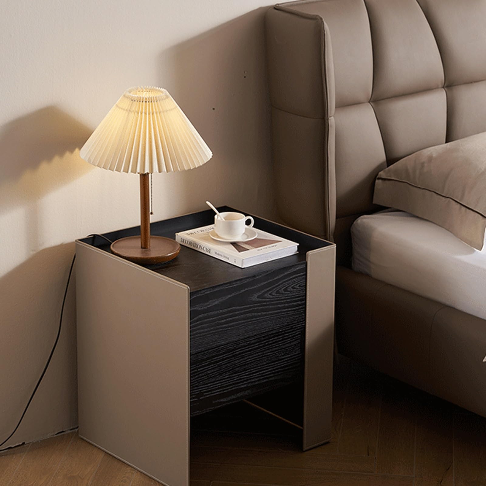 Comodino in legno massello con finitura effetto cuoio, silenzioso, con 2 cassetti, senza bisogno di montaggio, moderno, lato destro, finitura arancione - perfetto per riporre oggetti in camera da let