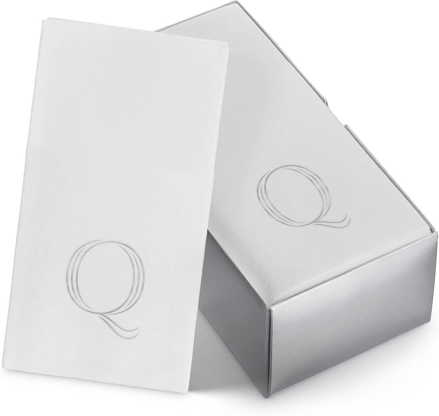 50-Pack Linen-Feel Mongrammed Napkins Paper, 12" x 17" Silver Foil Letter Q Napkins Disposale, Initial Guest Towels For Wedding, Bathroom, Party, Baby Shower, Or Event