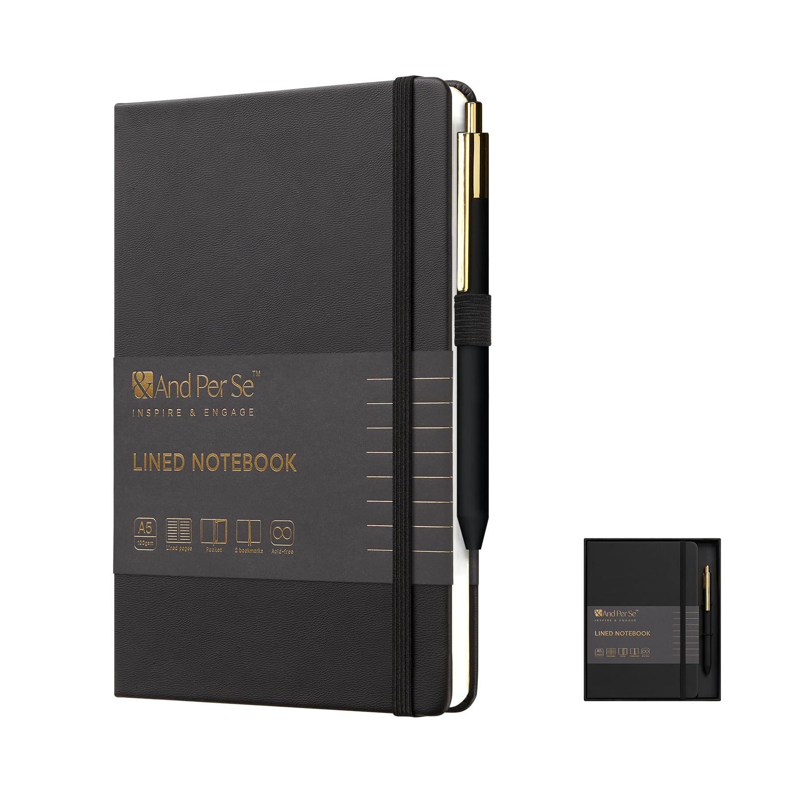 Lined Notebook and Pen Set, A5 Hardcover Journal Kit, 160 Pages 100GSM Thick Paper-Gifts for Men Women, for Work, Business, School or Home Writing (Black)