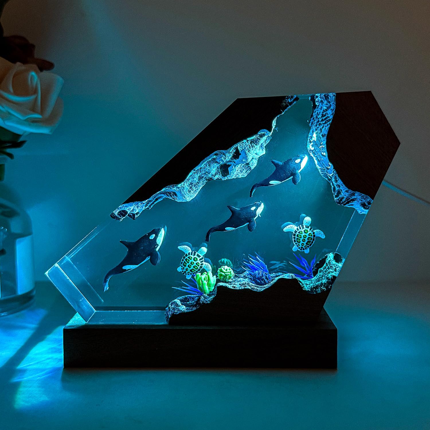 Orca Resin Ocean Lamp,Sea Turtle Resin Night Light,Handmade Table Lamp with Wood Base,Marine Life Decor for Bedroom Office,Sea Turtle Gifts for Father Boy, Unique Orca Gifts for Women & Men (6"x4")