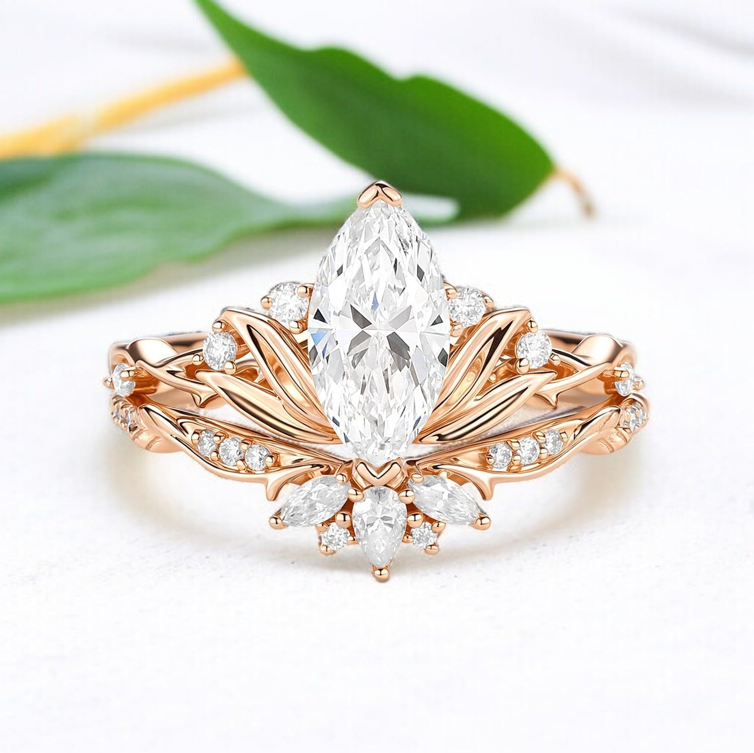 Marquise Cut Moissanite Engagement Ring 14K Gold Plated Diamond Leaf Stacking Ring Vintage Wedding Jewelry for Women Christmas Gift