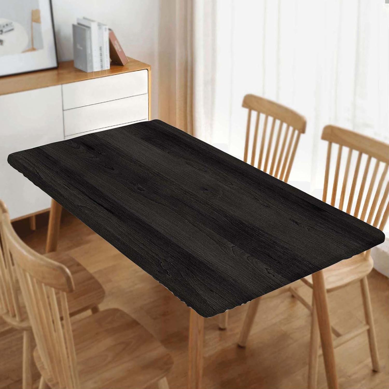Wood Grain Table Cloth Cover Rectangle Fitted Tablecloth Black Tablecloths with Elastic Edge Waterproof Cloths for Dining Party Picnic, for 72x30 Inch Rectangular Tables, Style 18