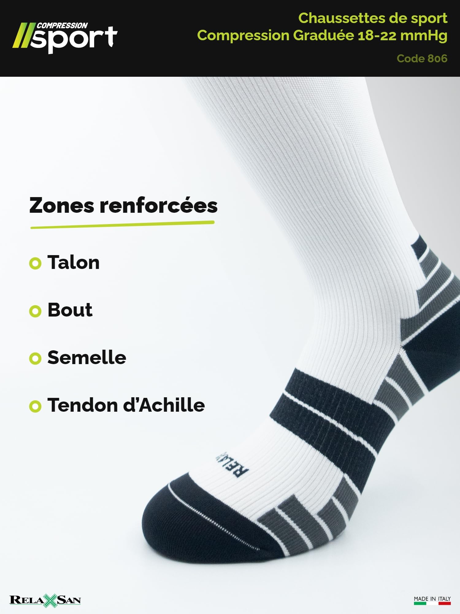 Relaxsan Chaussettes de Contention Femme et Homme, Sport et Running, Compression 18-22 mmHg, Made in Italy, 806