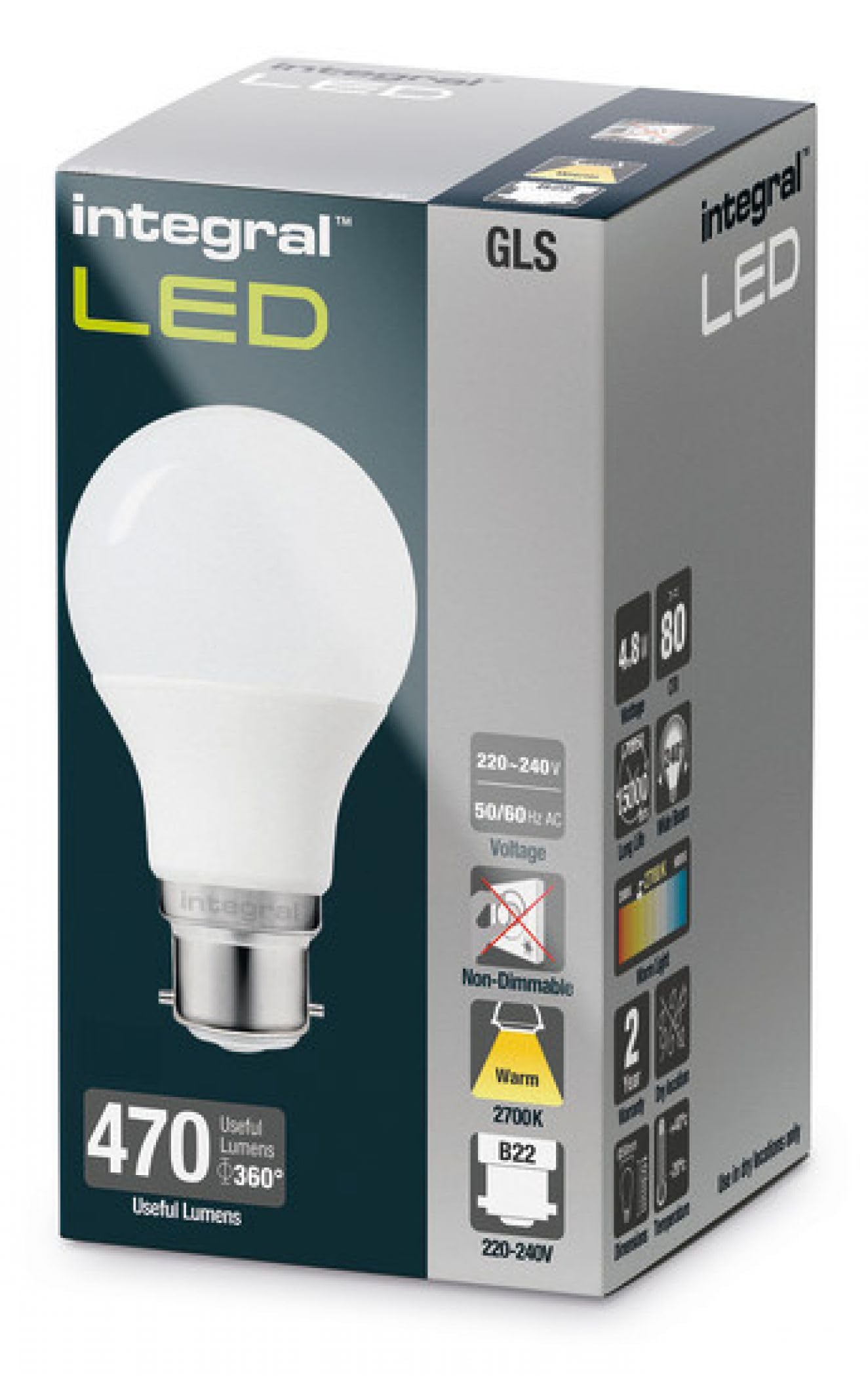 Integral ILGLSB22NC107 4w LED Classic Globe GLS, Non Dimmable, 2700K, B22, 470lm =40w, Frosted - Image 2