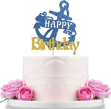 WeBenison Anchor Happy Birthday Cake Topper, Nautical Birthday Party/Ocean Sailor Children Birthday Party Decorations Blue Glitter